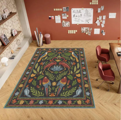 Tropical Vintage Floral Area Rug – Jungle Bird & Botanical Washable Non-Slip