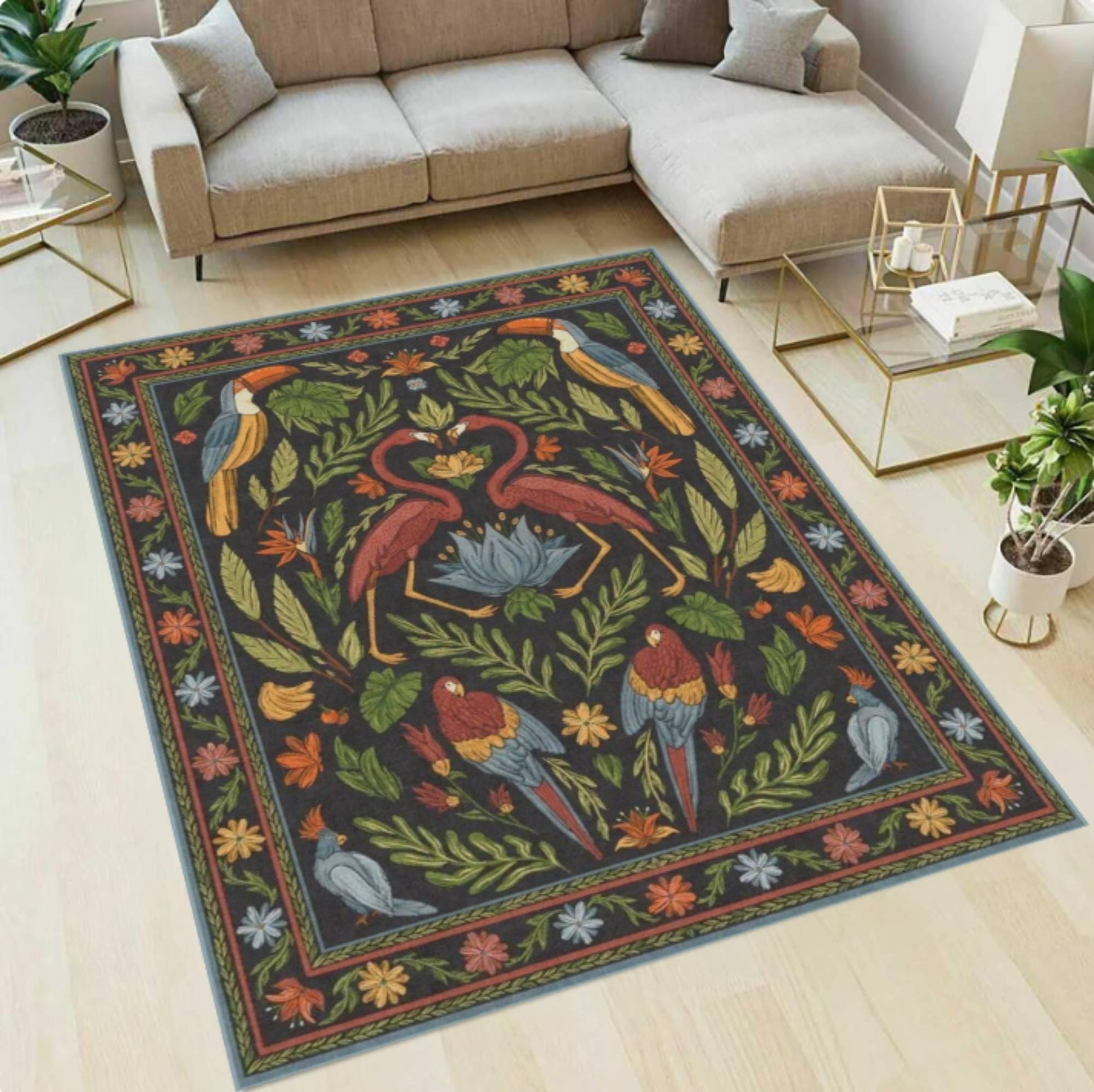Tropical Area Rug, Vintage Floral Bird Jungle Decor, Washable Non Slip Carpet