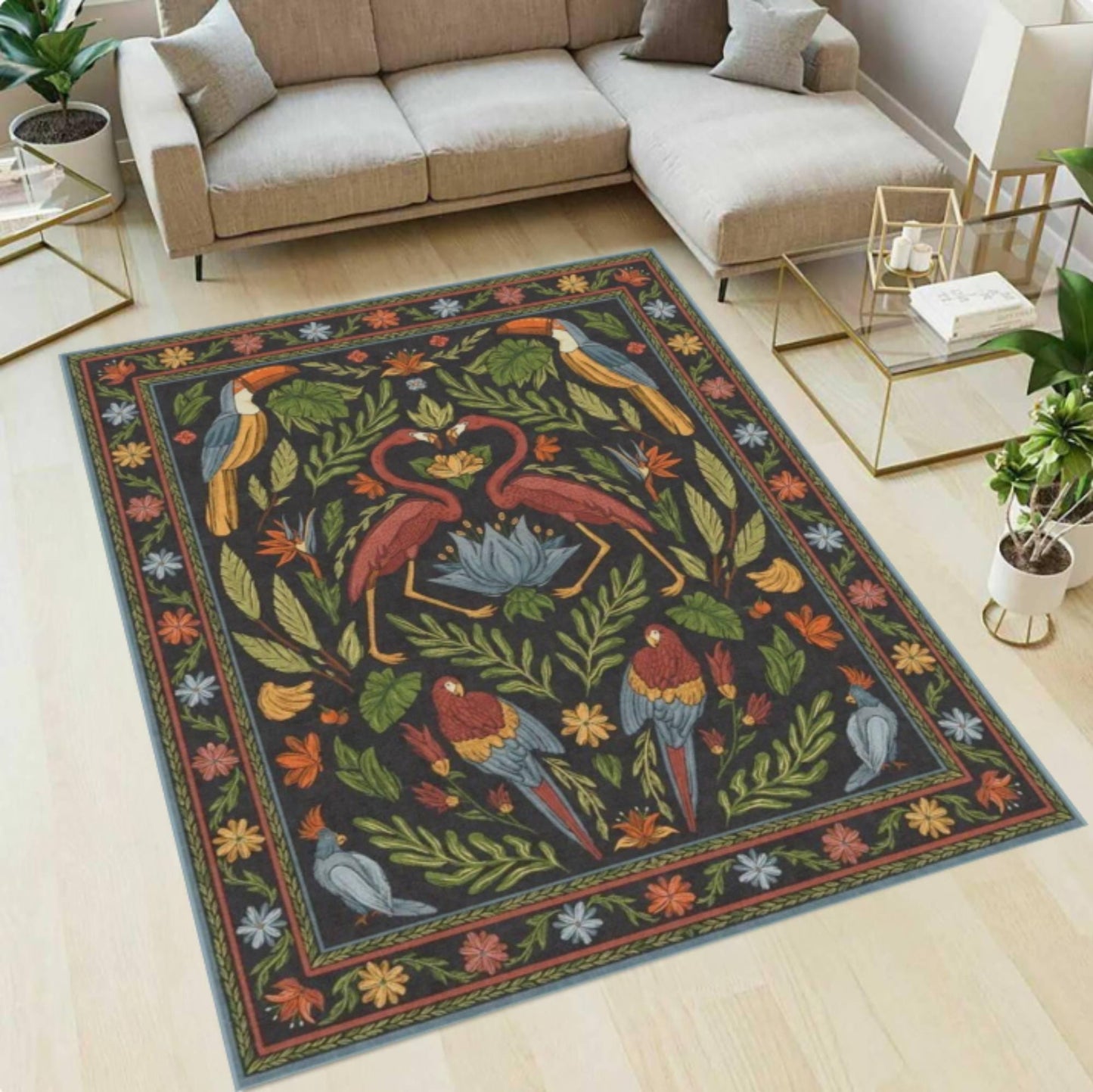 Tropical Vintage Floral Area Rug – Jungle Bird & Botanical Washable Non-Slip