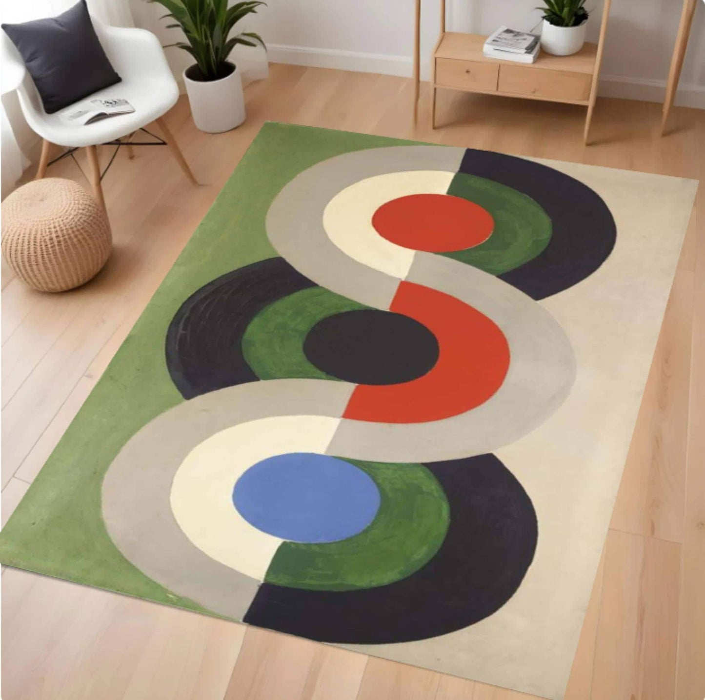 Colorful geometric rug on a wooden floor with a modern interior setting.