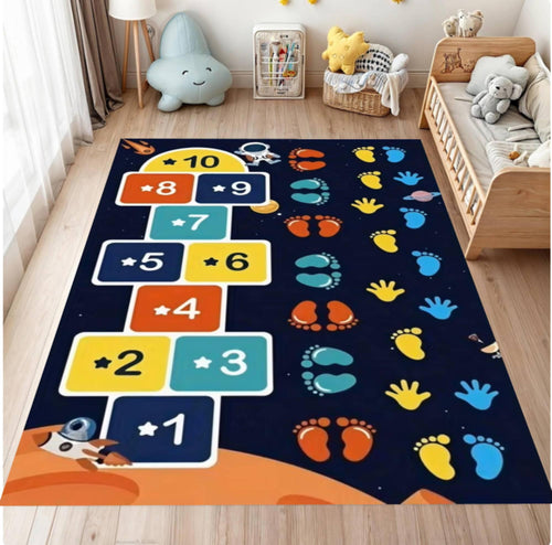 Children's play rug with numbers and footprints in a room with toys and furniture.