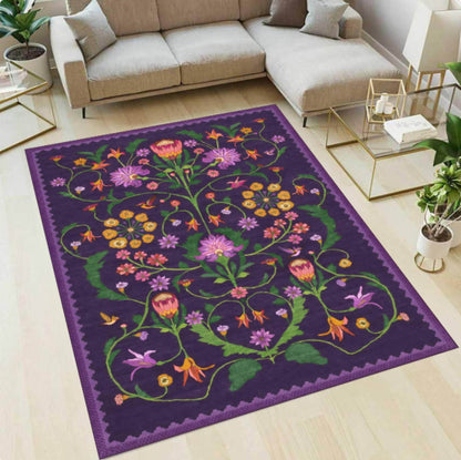 Purple Floral Area Rug, Vintage Cottagecore Washable Carpet