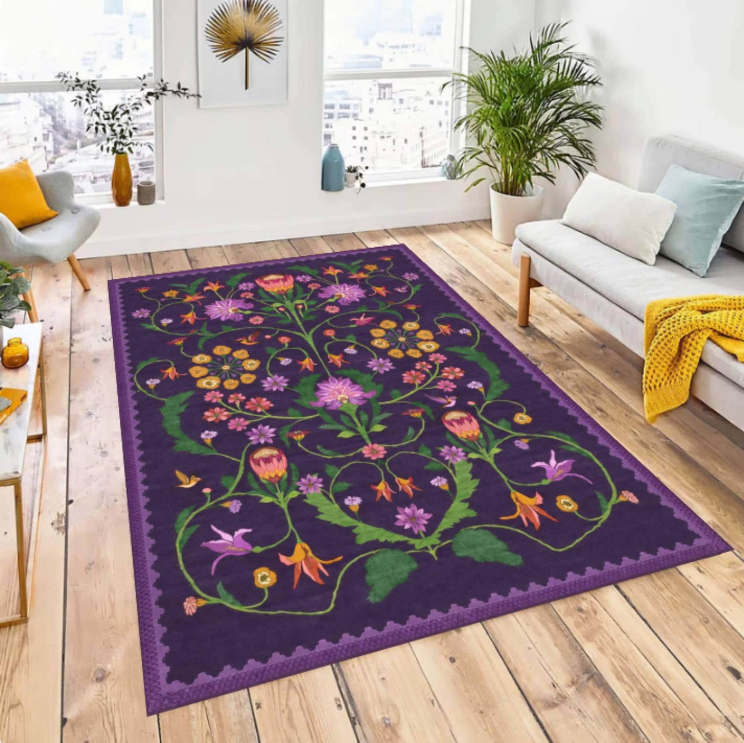 Purple Floral Area Rug, Vintage Cottagecore Washable Carpet