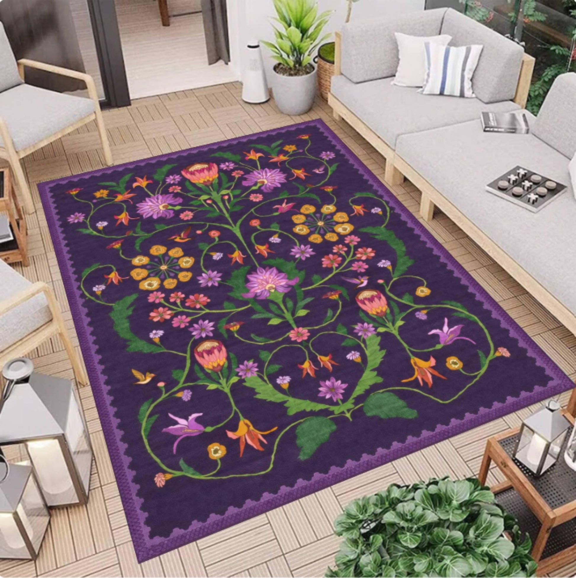 Purple Floral Area Rug, Vintage Cottagecore Washable Carpet