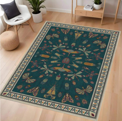 Decorative rug with insect pattern on a wooden floor
