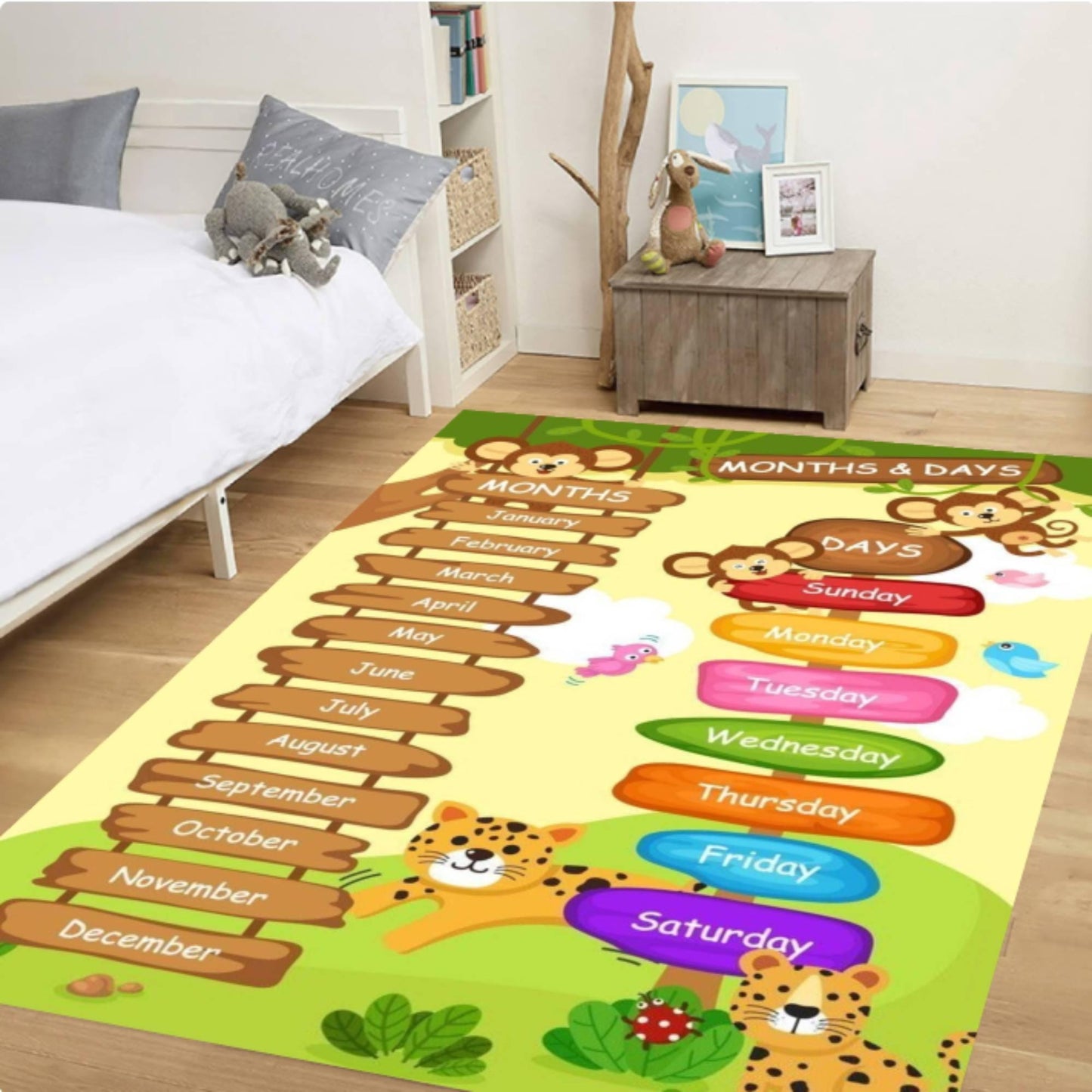 Montessori Rug for Months and Days | Playroom Jungle Animals Carpet