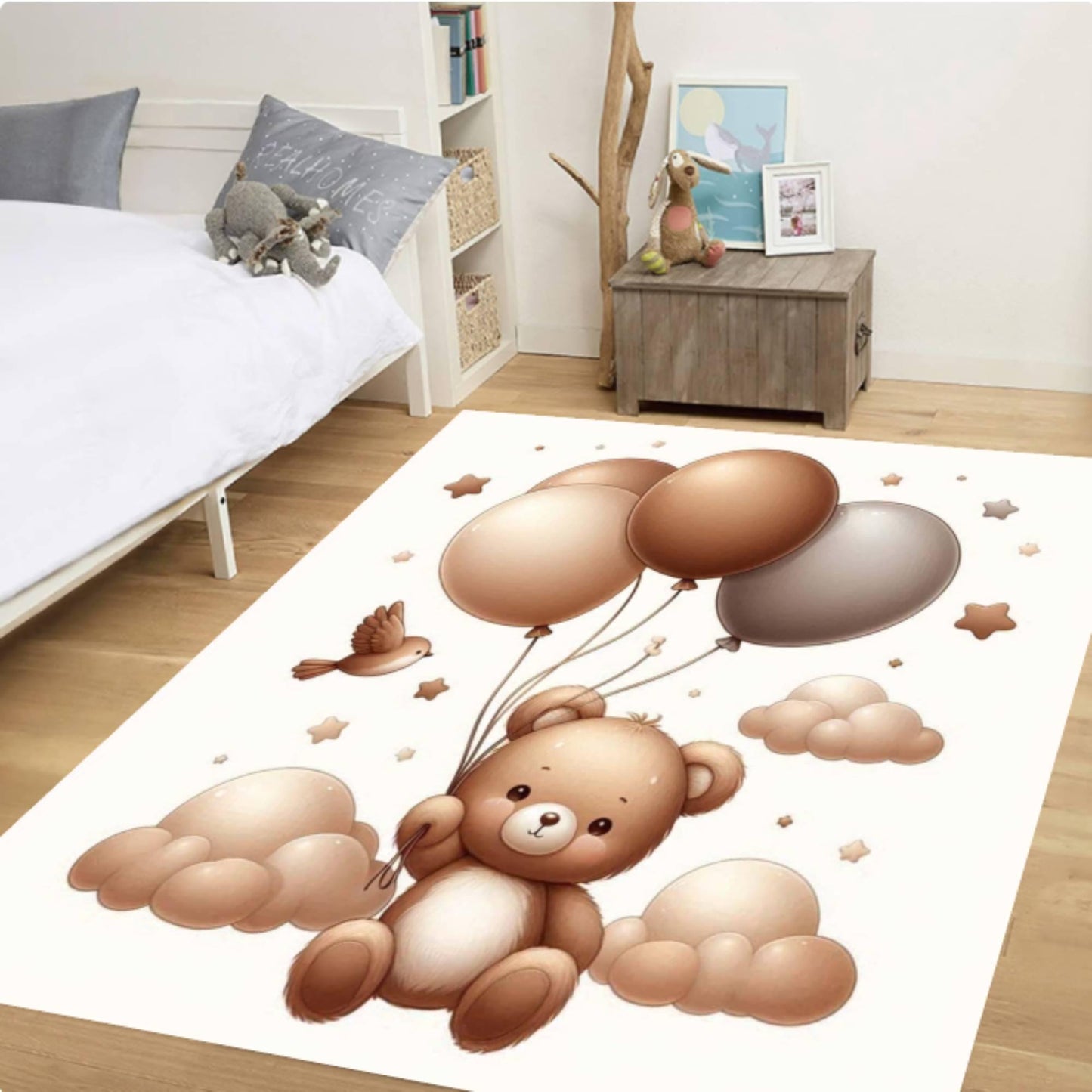 Neutral Teddy Bear Balloons Nursery Rug