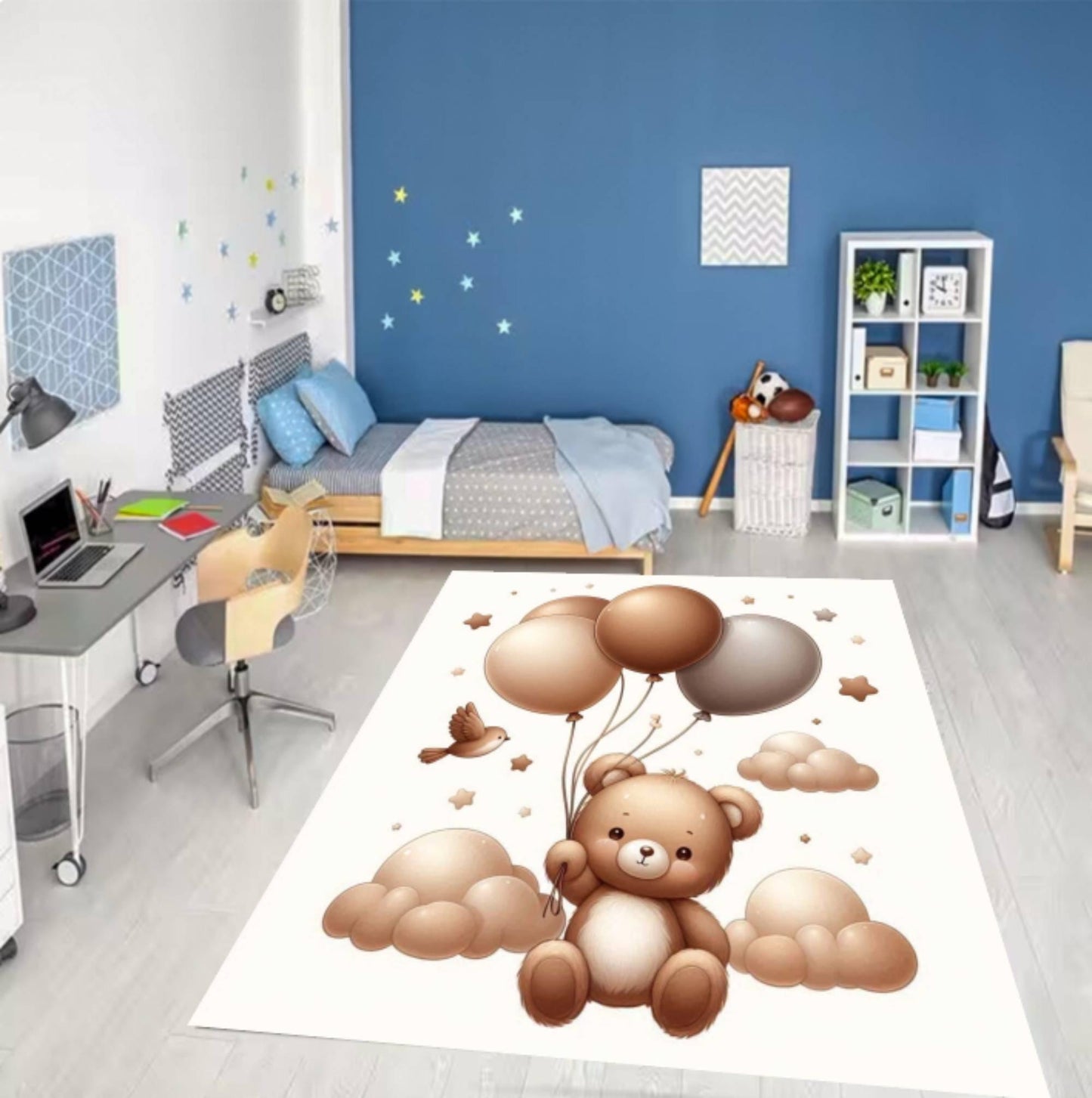 Neutral Teddy Bear Balloons Nursery Rug