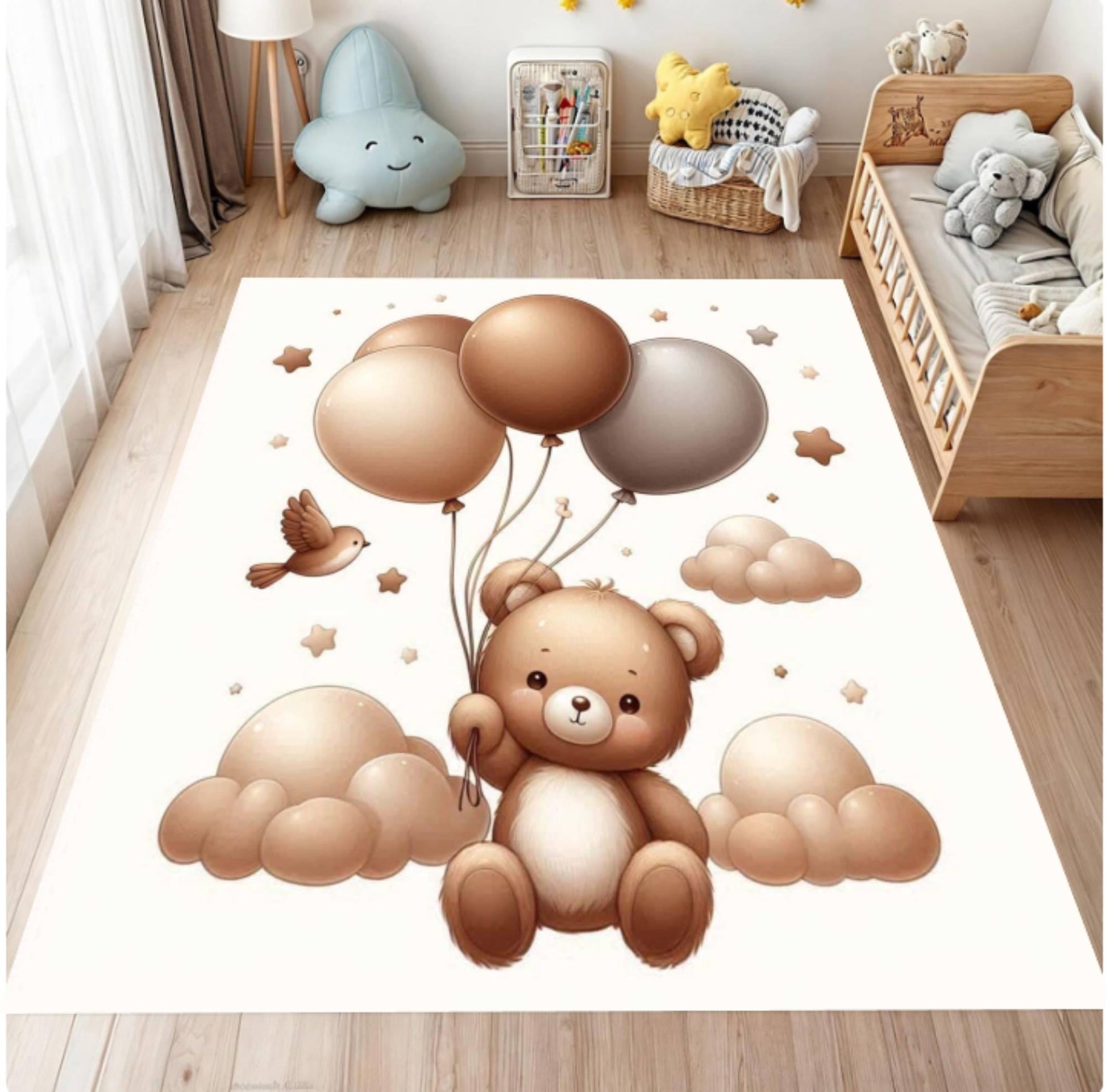 Children's room with a teddy bear and balloons rug