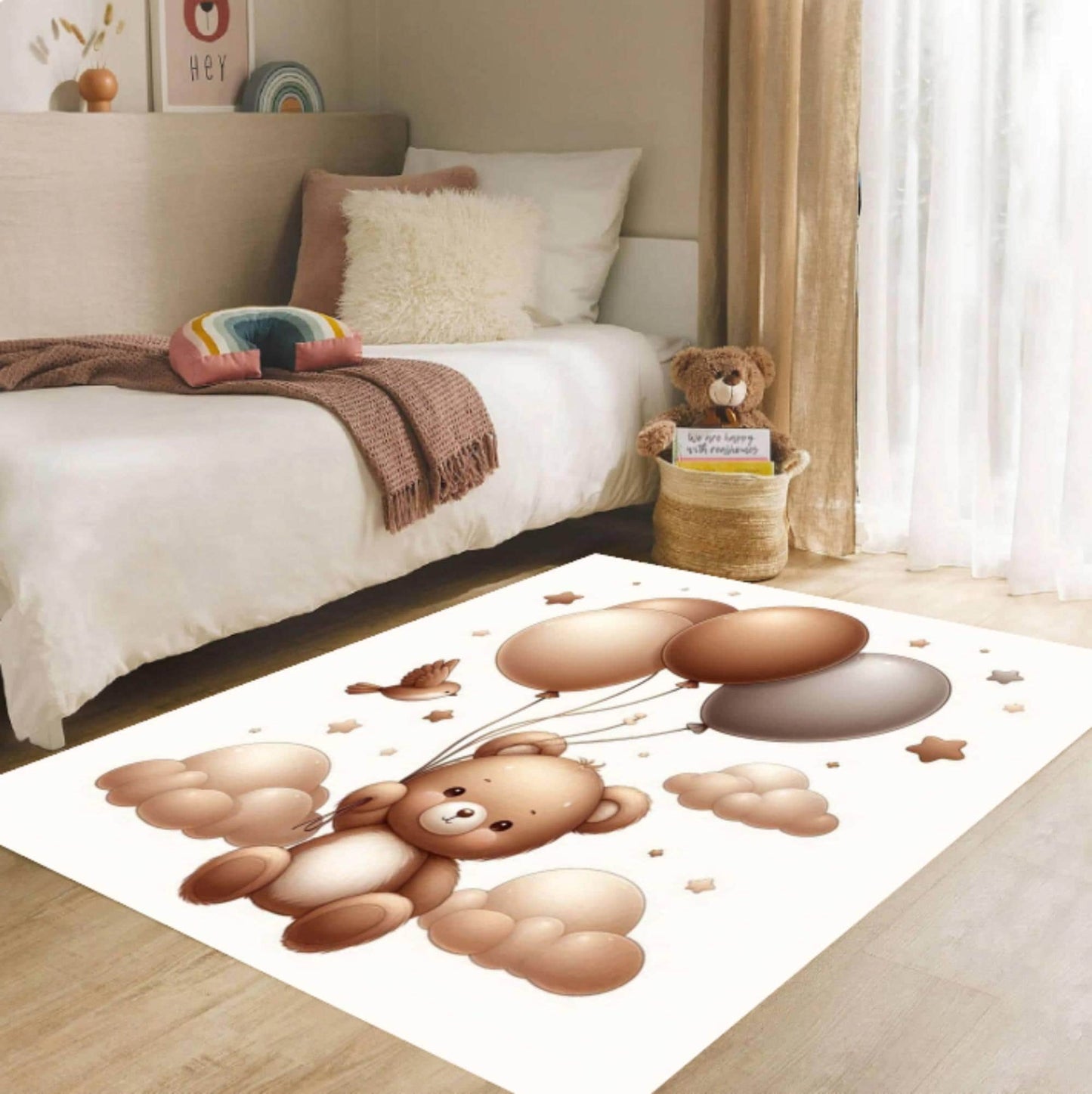 Neutral Teddy Bear Balloons Nursery Rug