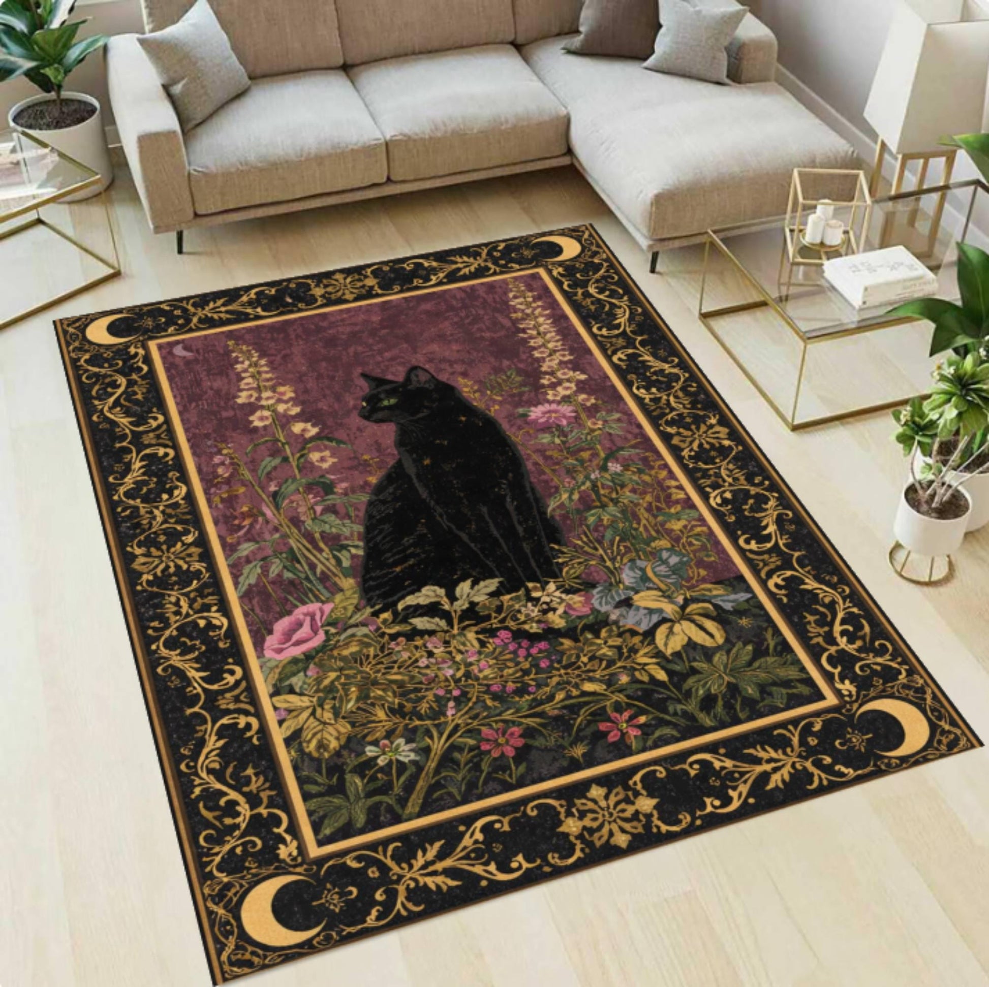 Black Cat Area Rug, Gothic Floral Moon, Washable Non Slip