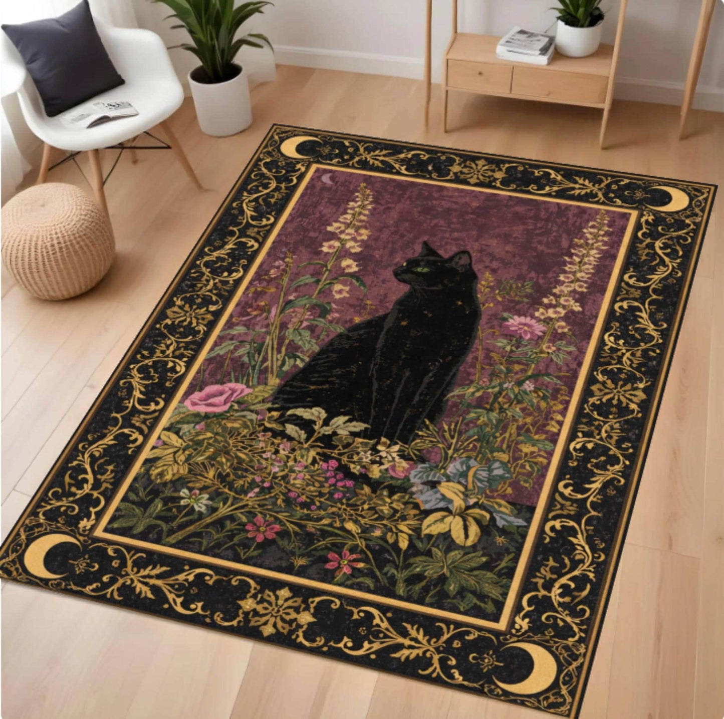 Decorative rug with a black cat design on a wooden floor