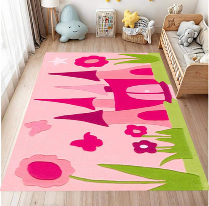 Pink Princess Castle Playroom Rug, Fairy Tale Girls Bedroom Carpet, Washable Non Slip Mat