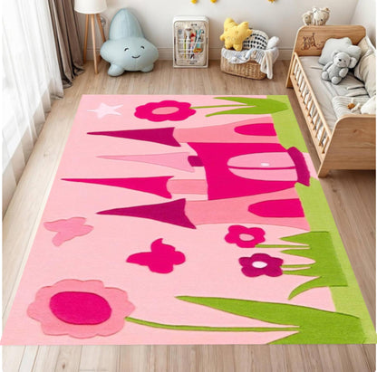 Pink Princess Castle Playroom Rug Washable Non-slip