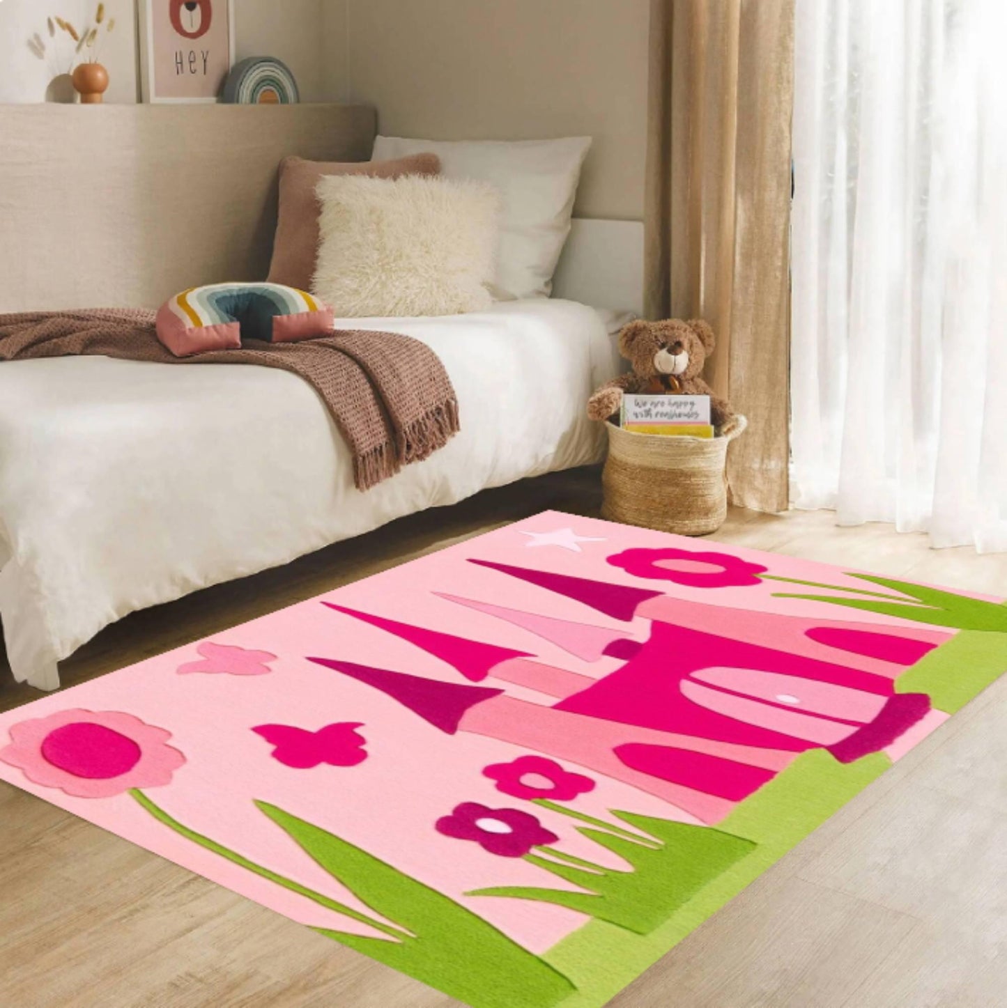 Pink Princess Castle Playroom Rug, Fairy Tale Girls Bedroom Carpet, Washable Non Slip Mat