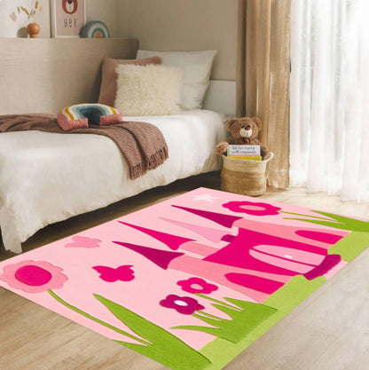 Pink Princess Castle Playroom Rug Washable Non-slip