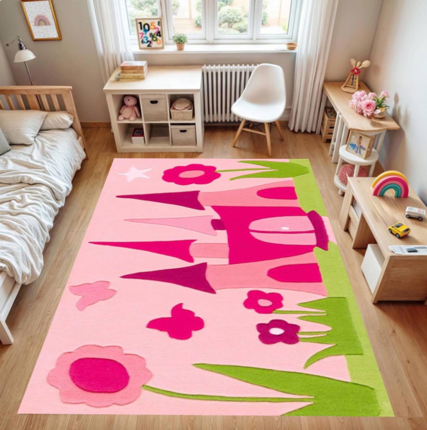 Pink Princess Castle Playroom Rug Washable Non-slip