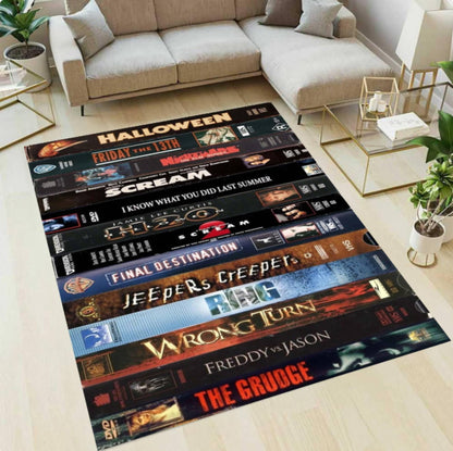 Retro Horror Movie VHS Tape Rug – Halloween Washable Accent Carpet