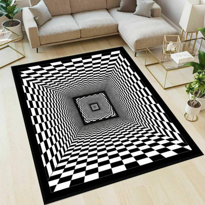 Rug with Optical Illusion Black and White Checkered 3D-tunnel Washable