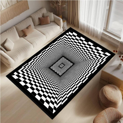 Rug with Optical Illusion Black and White Checkered 3D-tunnel Washable