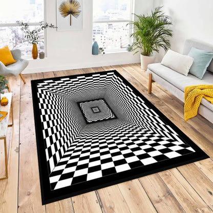 Rug with Optical Illusion Black and White Checkered 3D-tunnel Washable