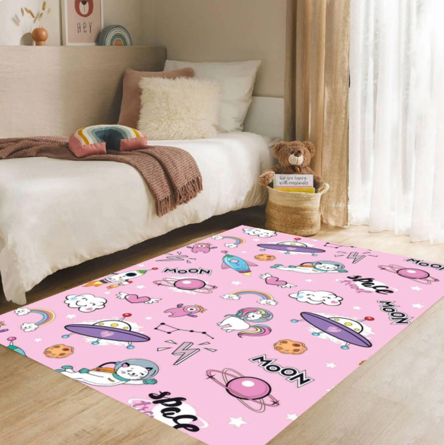 Pink Space Unicorn Nursery Rug Washable Non-Slip