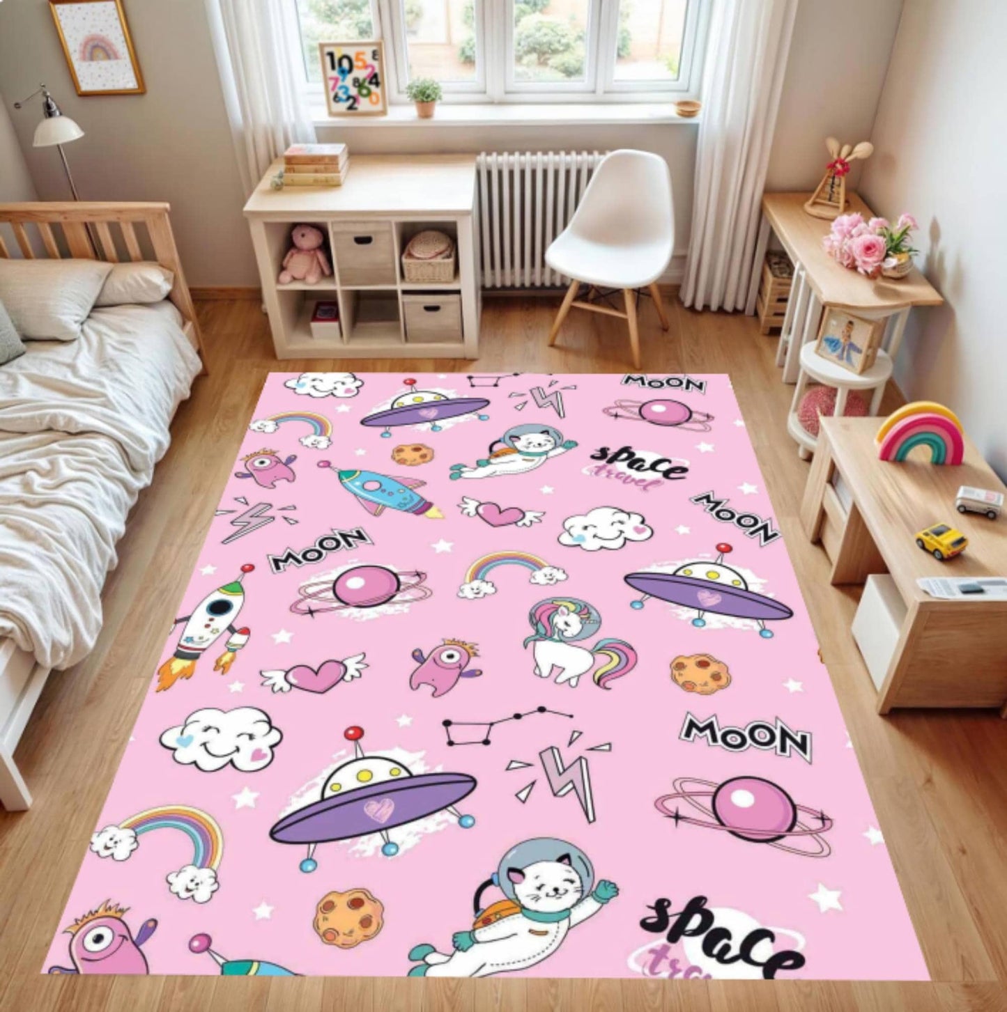 Pink Space Unicorn Nursery Rug Washable Non-Slip