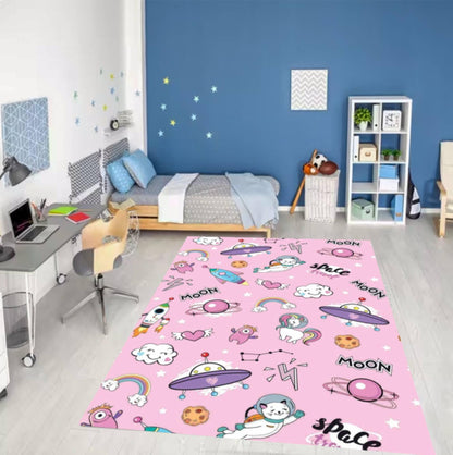 Pink Space Unicorn Nursery Rug Washable Non-Slip