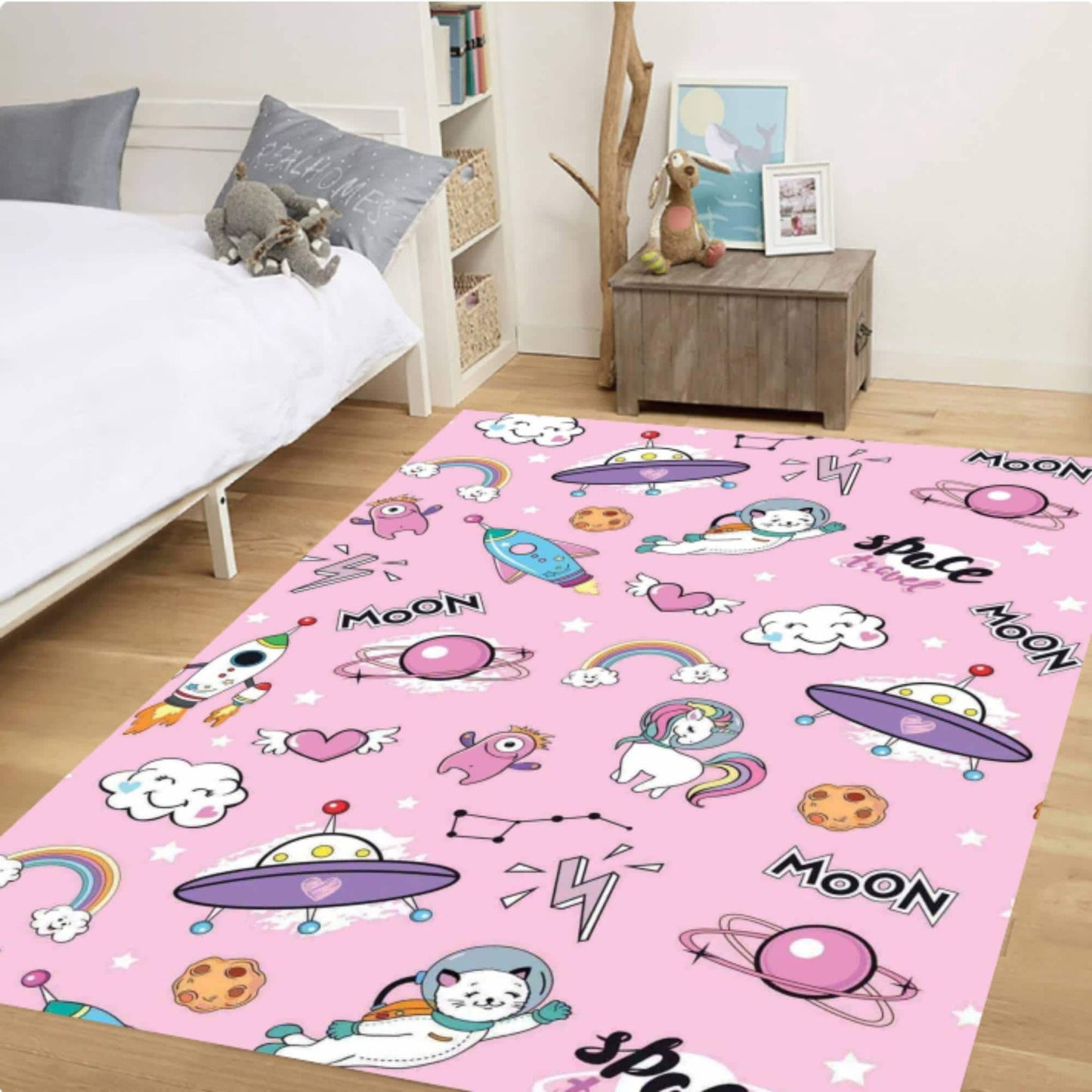 Pink Space Unicorn Nursery Rug Washable Non-Slip