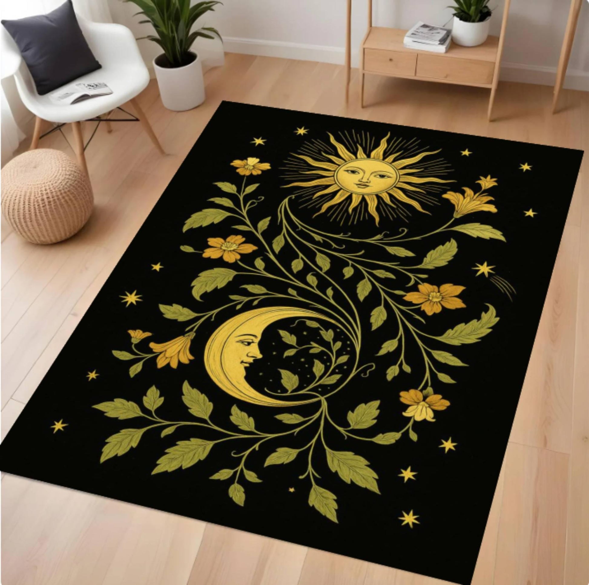 Celestial Sun & Moon Area Rug – Boho Floral Gothic Astrology