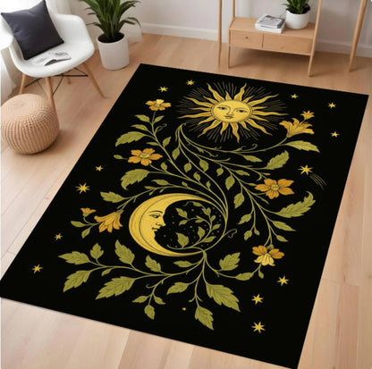 Celestial Sun & Moon Area Rug – Boho Floral Gothic Astrology