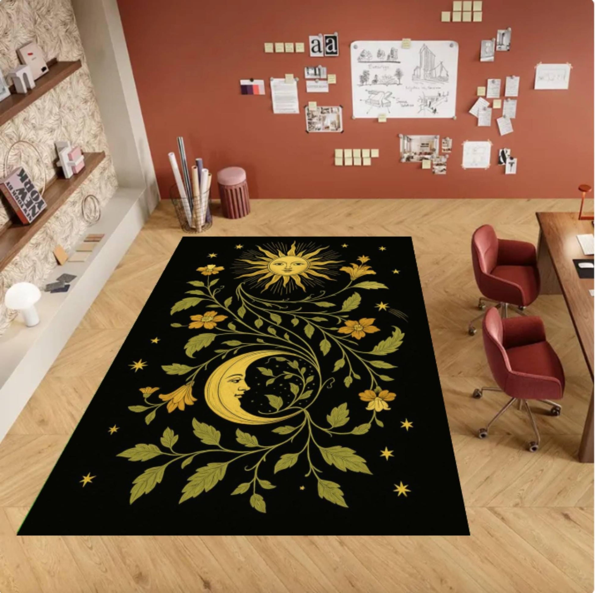 Celestial Sun Moon Area Rug, Boho Floral Gothic Carpet, Astrology Decor (Washable)