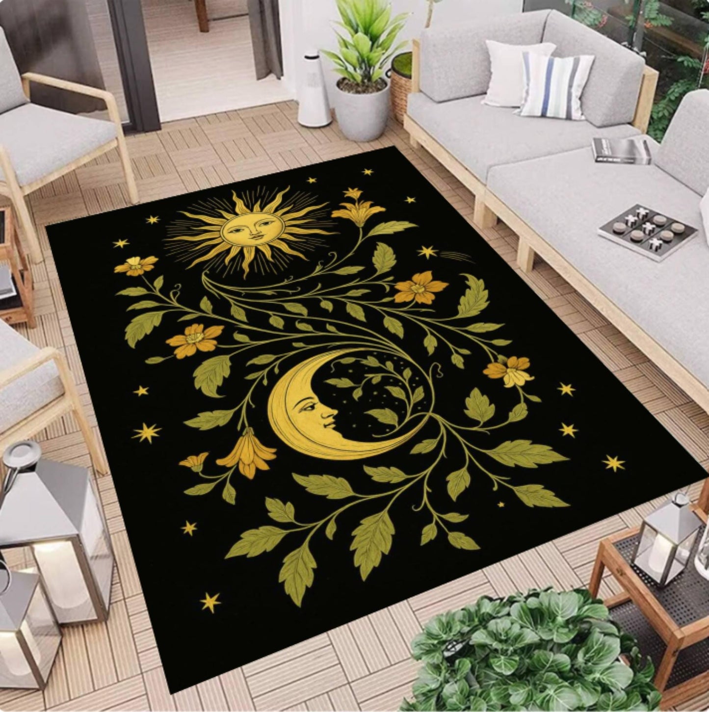 Celestial Sun Moon Area Rug, Boho Floral Gothic Carpet, Astrology Decor (Washable)