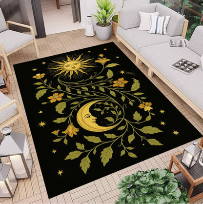 Celestial Sun Moon Area Rug, Boho Floral Gothic Carpet, Astrology Decor (Washable)