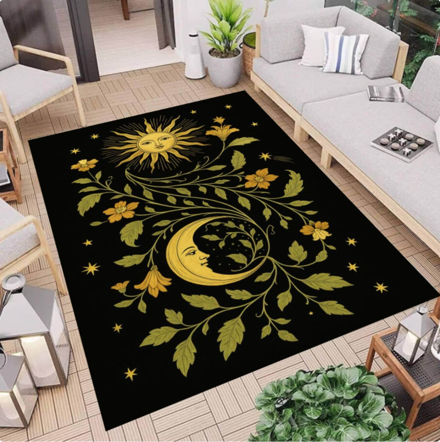 Celestial Sun & Moon Area Rug – Floral Gothic Astrology