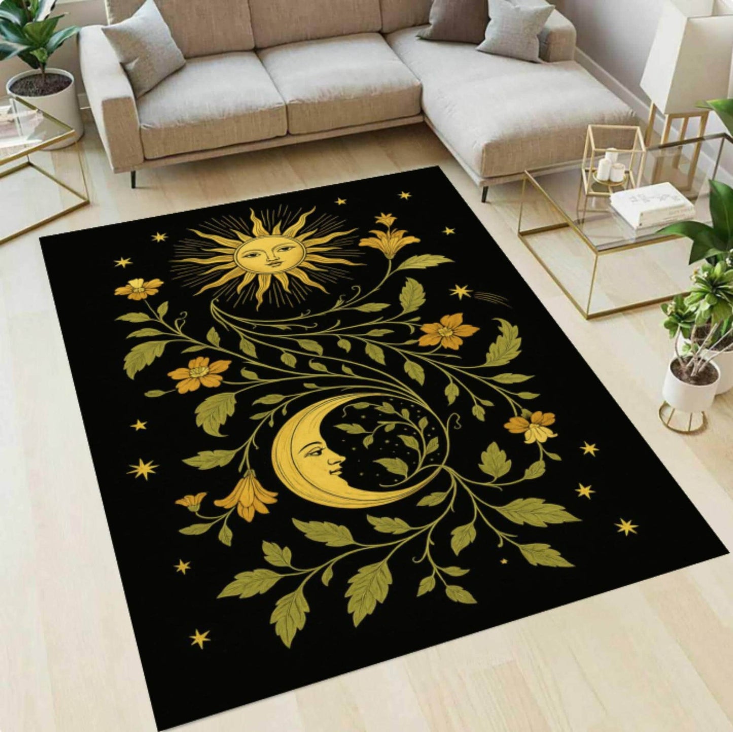 Celestial Sun & Moon Area Rug – Floral Gothic Astrology