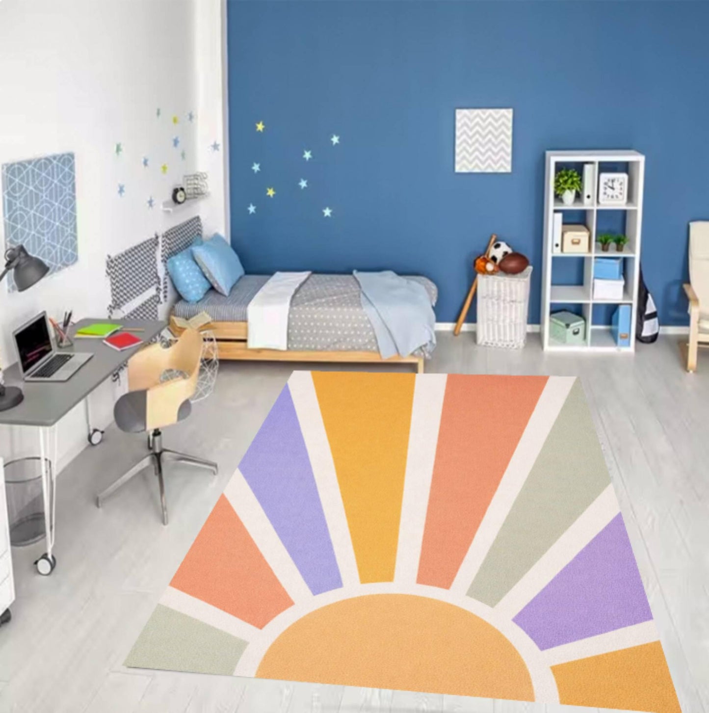 Retro Sunburst Kids Rug Pastel Rainbow