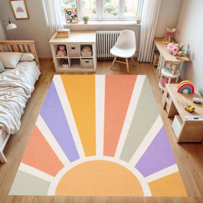 Retro Sunburst Kids Rug Pastel Rainbow