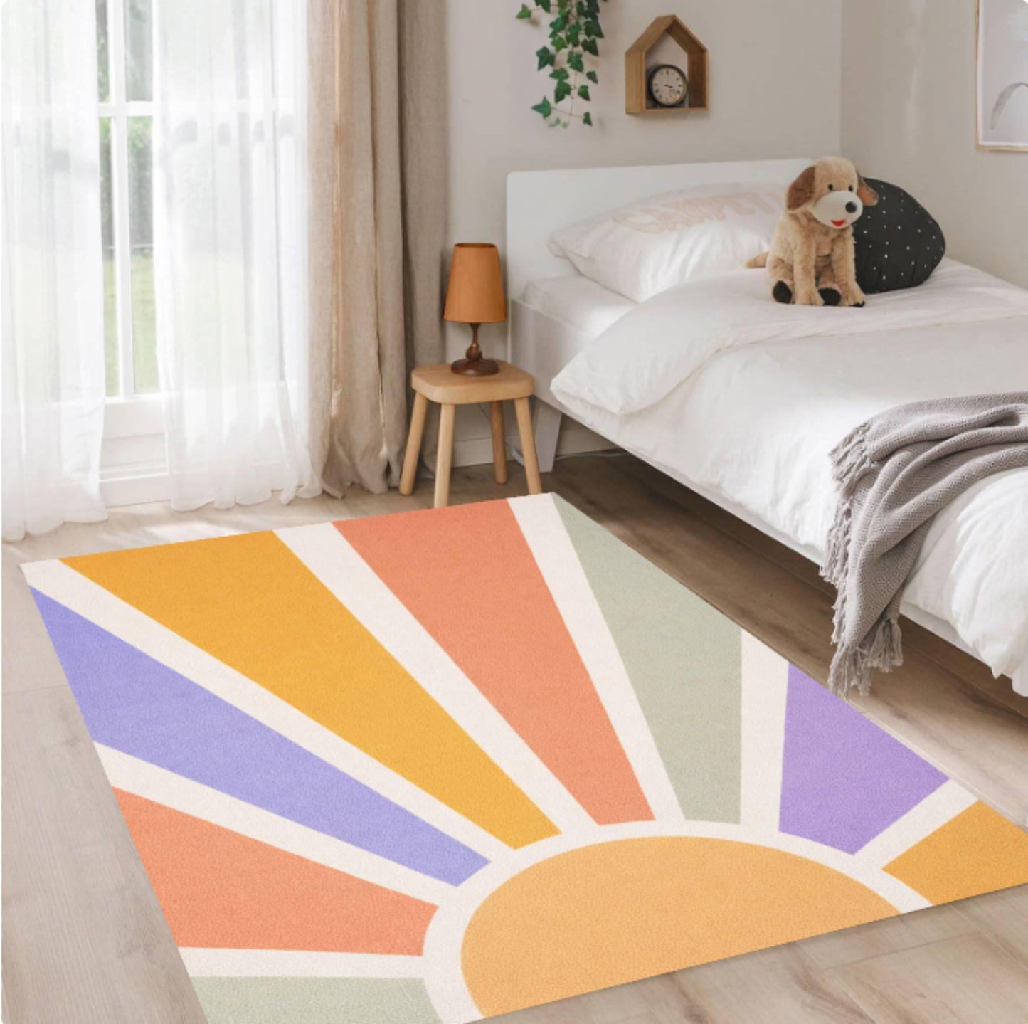 Retro Sunburst Kids Rug Pastel Rainbow