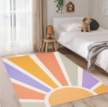 Retro Sunburst Kids Rug Pastel Rainbow