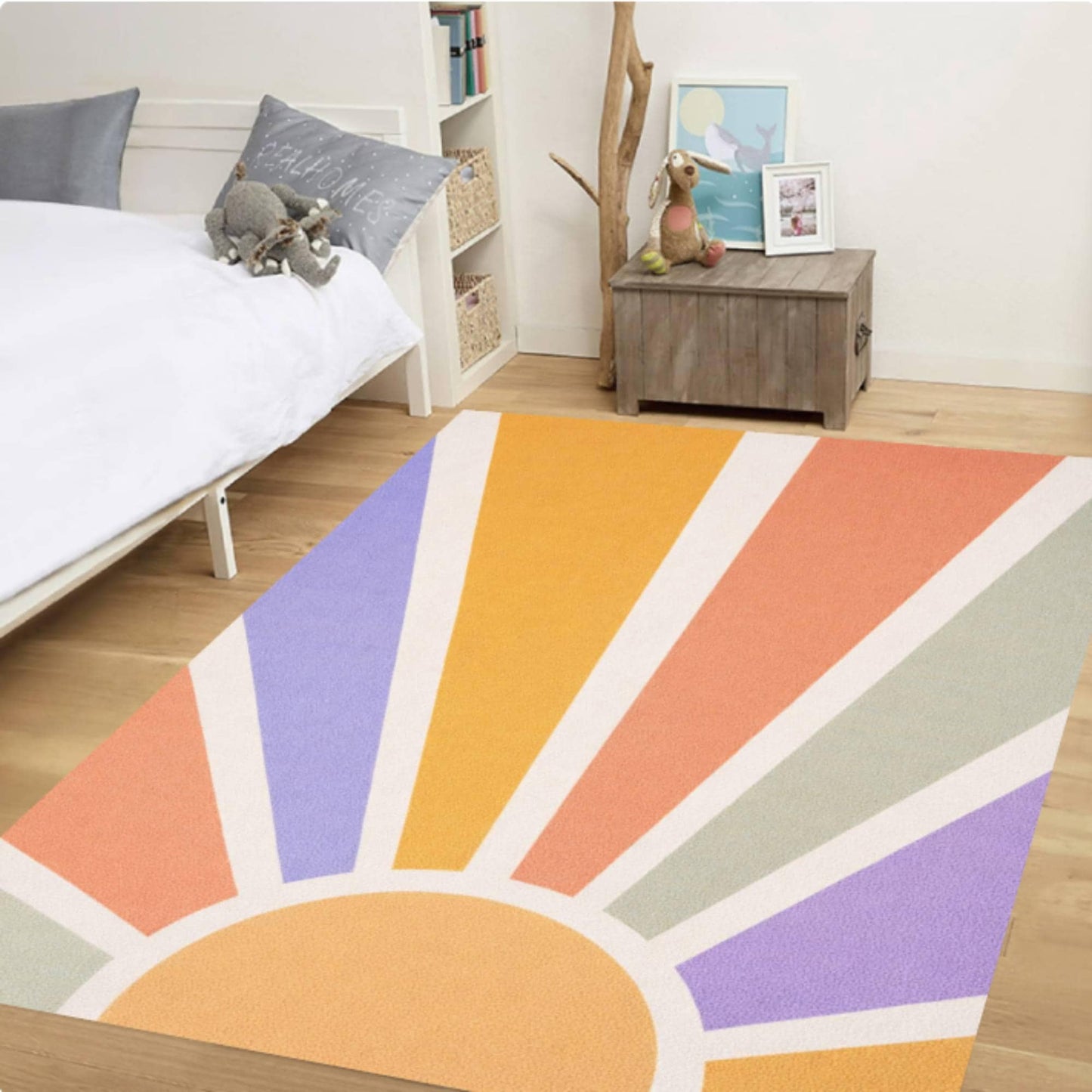 Retro Sunburst Kids Rug Pastel Rainbow