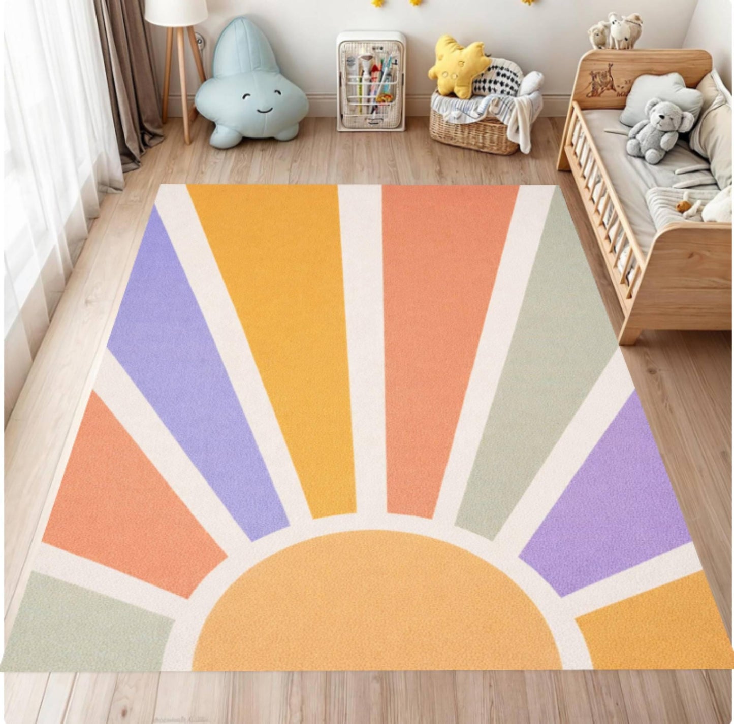 Colorful geometric rug on a wooden floor with toys and furniture in the background