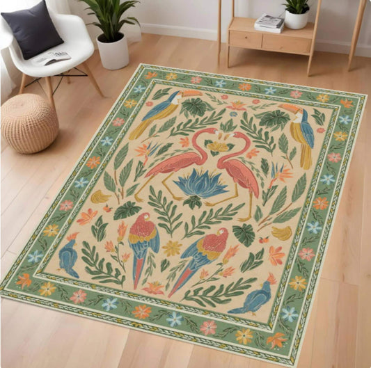 Decorative rug with flamingo and parrot design on a wooden floor.