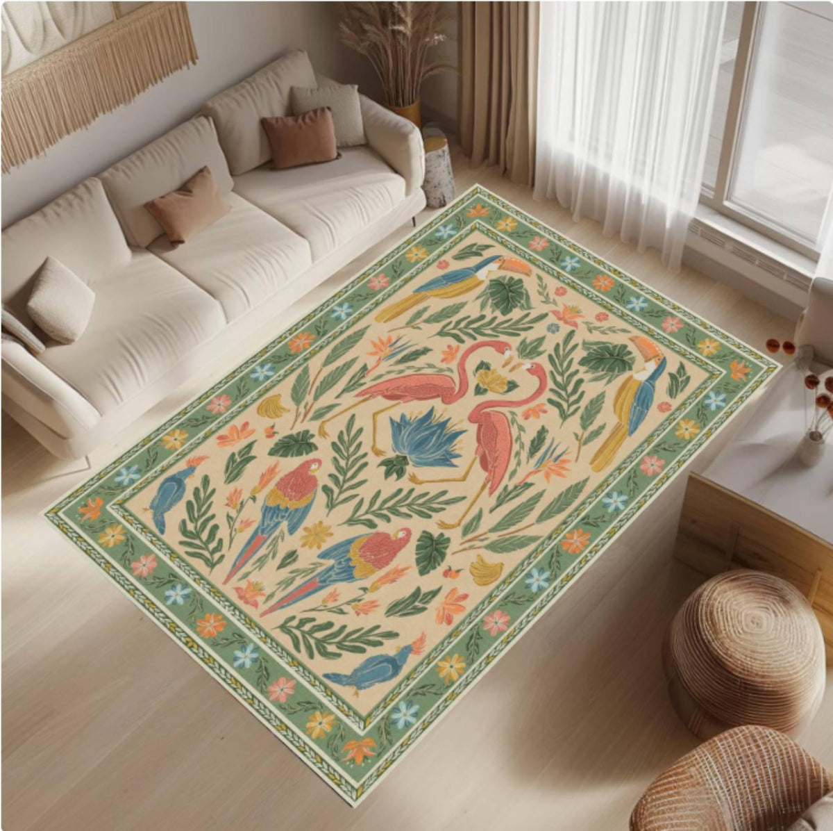 Vintage Tropical Flamingo Area Rug – Botanical Jungle Bird Washable Non-Slip