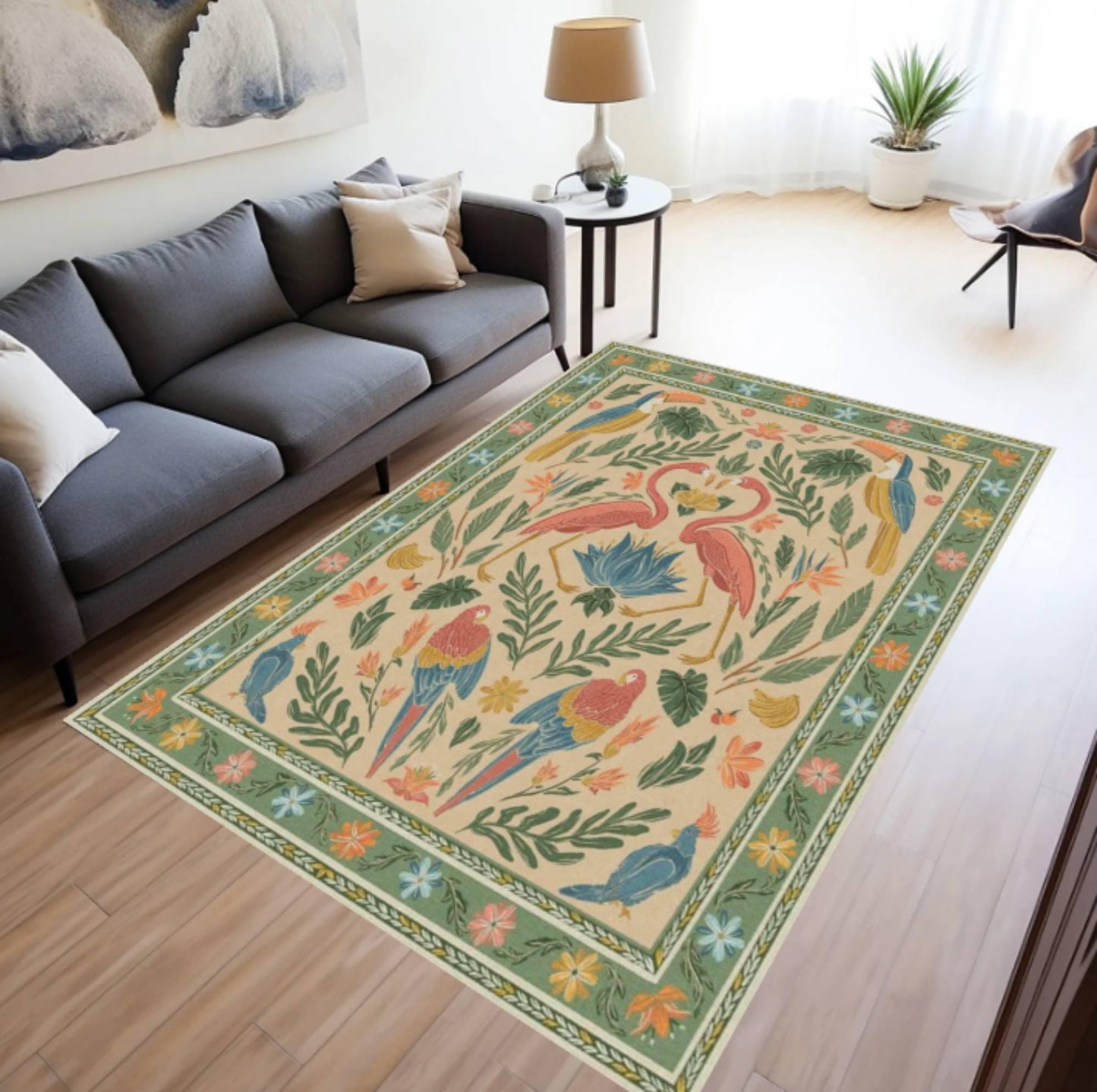 Tropical Flamingo Area Rug, Vintage Botanical Bird Carpet, Boho Jungle Decor (Washable)