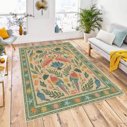 Tropical Flamingo Area Rug, Vintage Botanical Bird Carpet, Boho Jungle Decor (Washable)
