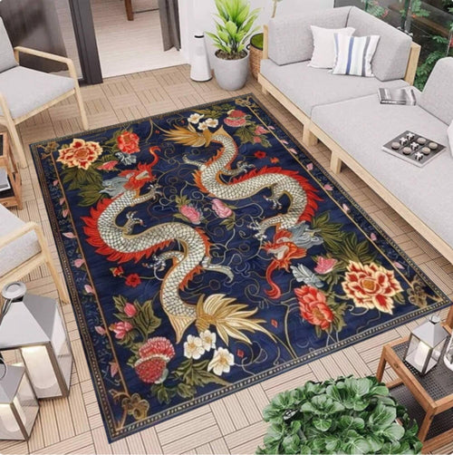 Oriental Dragon Area Rug, Vintage Floral Asian Inspired Carpet, Navy Blue Living Room Decor