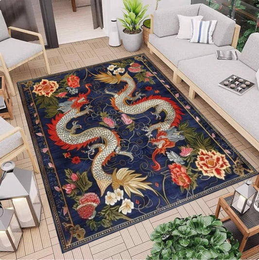 Oriental Dragon Area Rug, Vintage Floral Asian Inspired Carpet, Navy Blue Living Room Decor