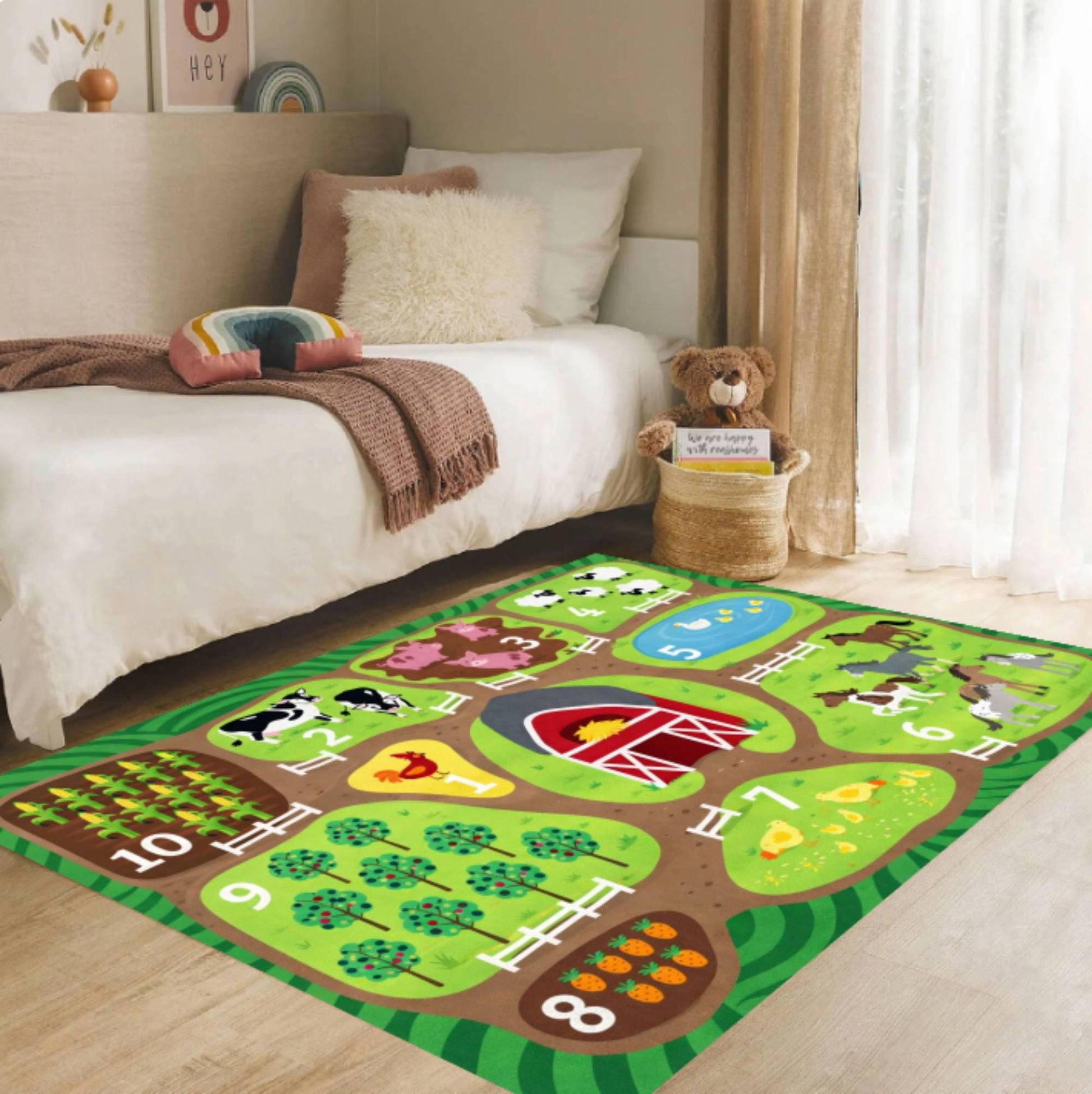 Farm Animals Educational Playroom Rug, Barn Nursery Carpet, Washable Toddler Mat