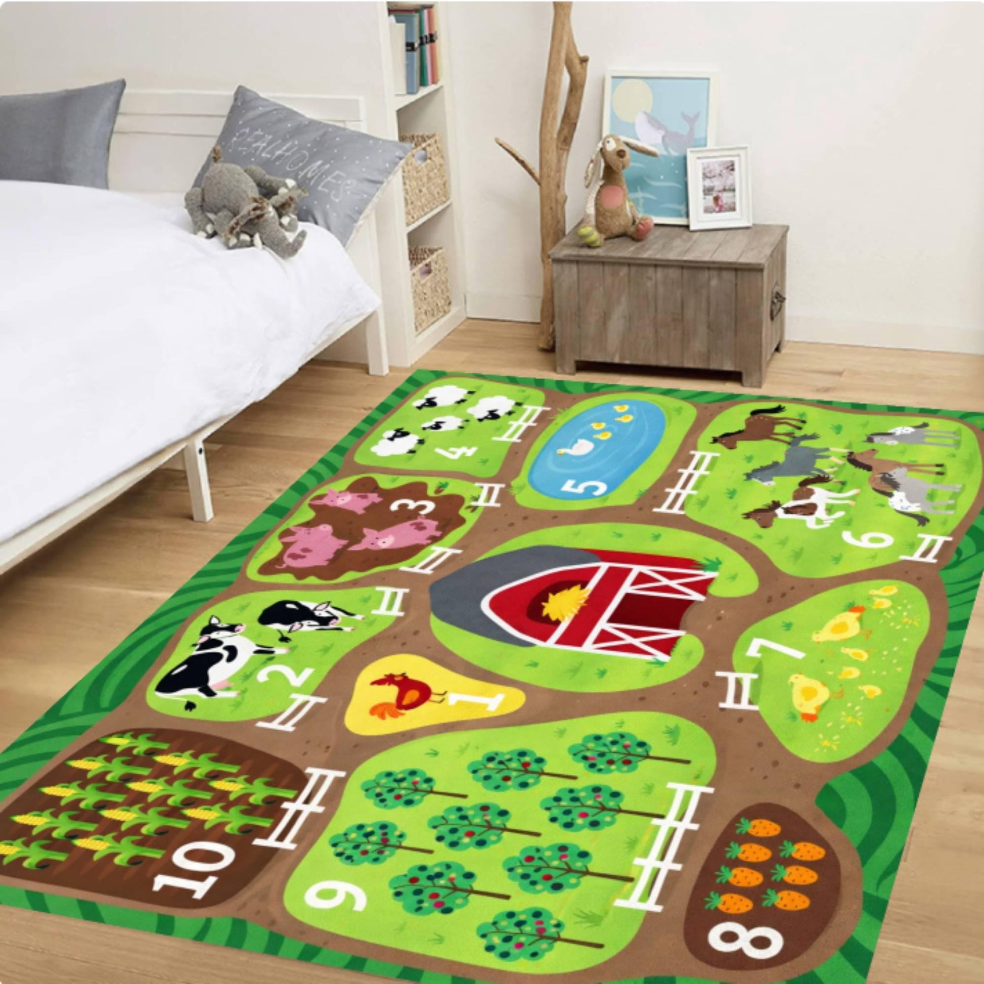 Farm Animals Educational Playroom Rug, Barn Nursery Carpet, Washable Toddler Mat